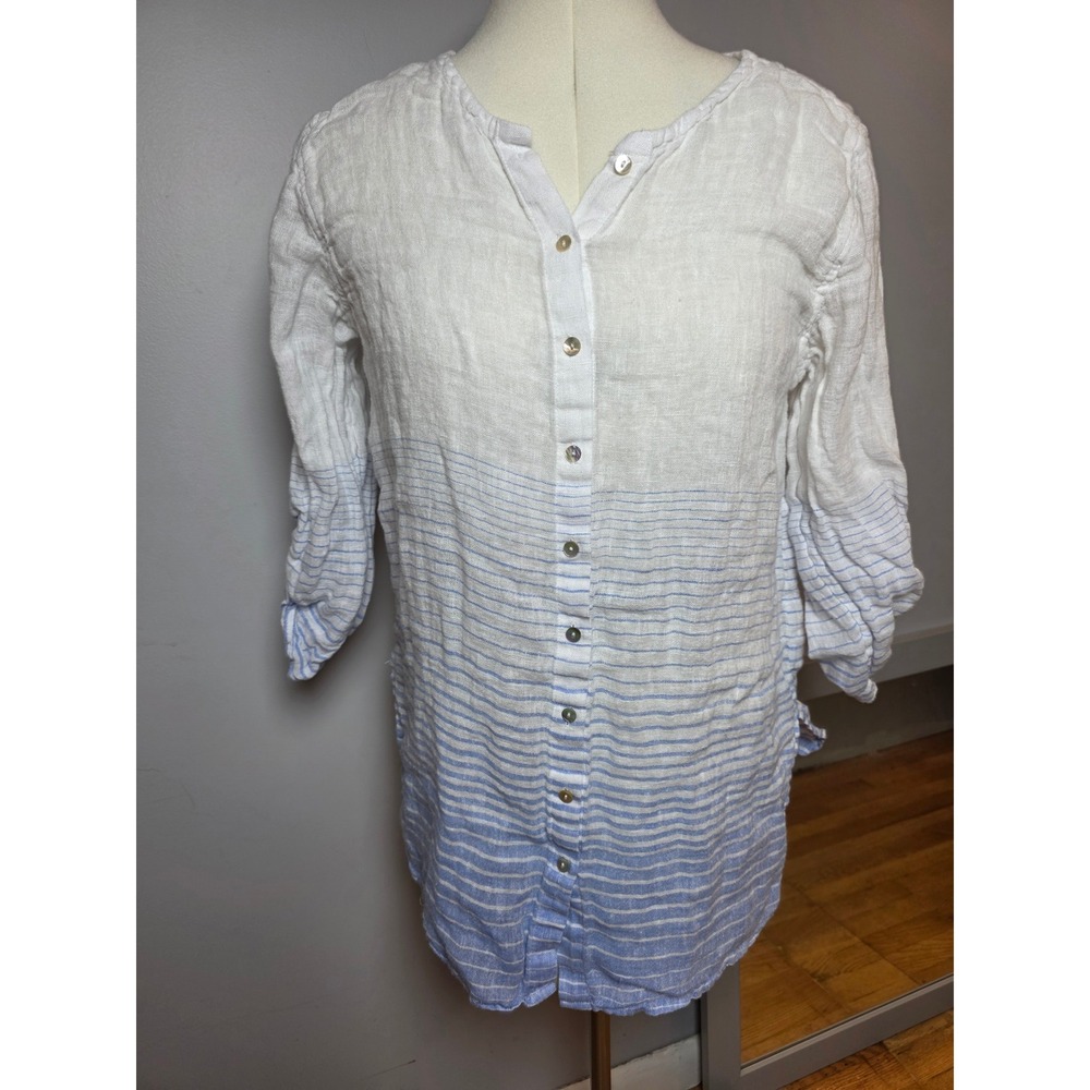 Kenar 100% Linen Striped Ombre Tunic Top White Blue Button Down Boho Medium